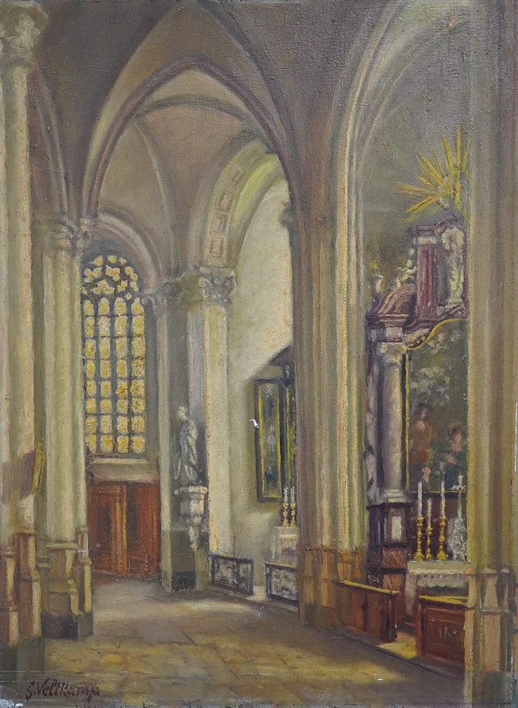 Dutch school, oil on board, interior of a church, indistinctly signed lower left, unframed, 56 x 41cm. Condition - fair